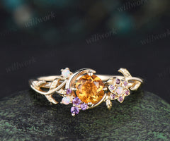 5mm Round Cut Natural Yellow Citrine Moon Engagement Ring 14K Yellow Gold Vine Leaf Genuine Crystal Amethyst Opal November Birthstone Gifts