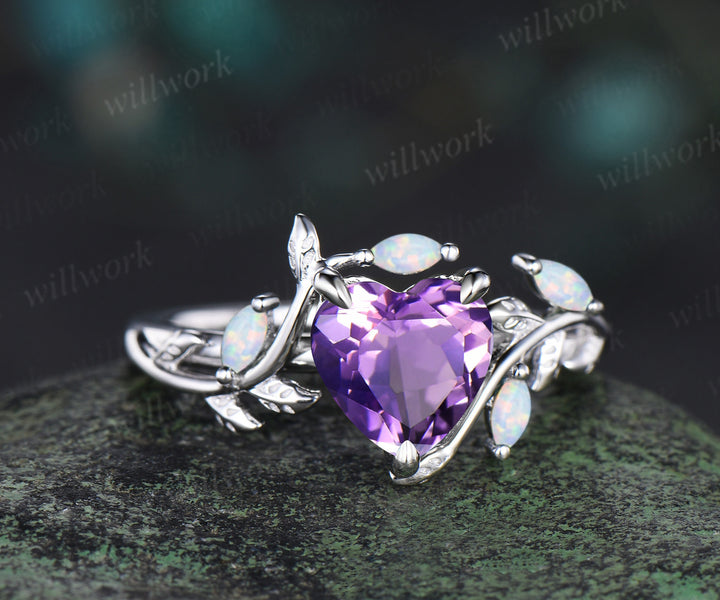 Heart cut amethyst opal leaf engagement ring women 14k white gold nature inspired promise wedding gift