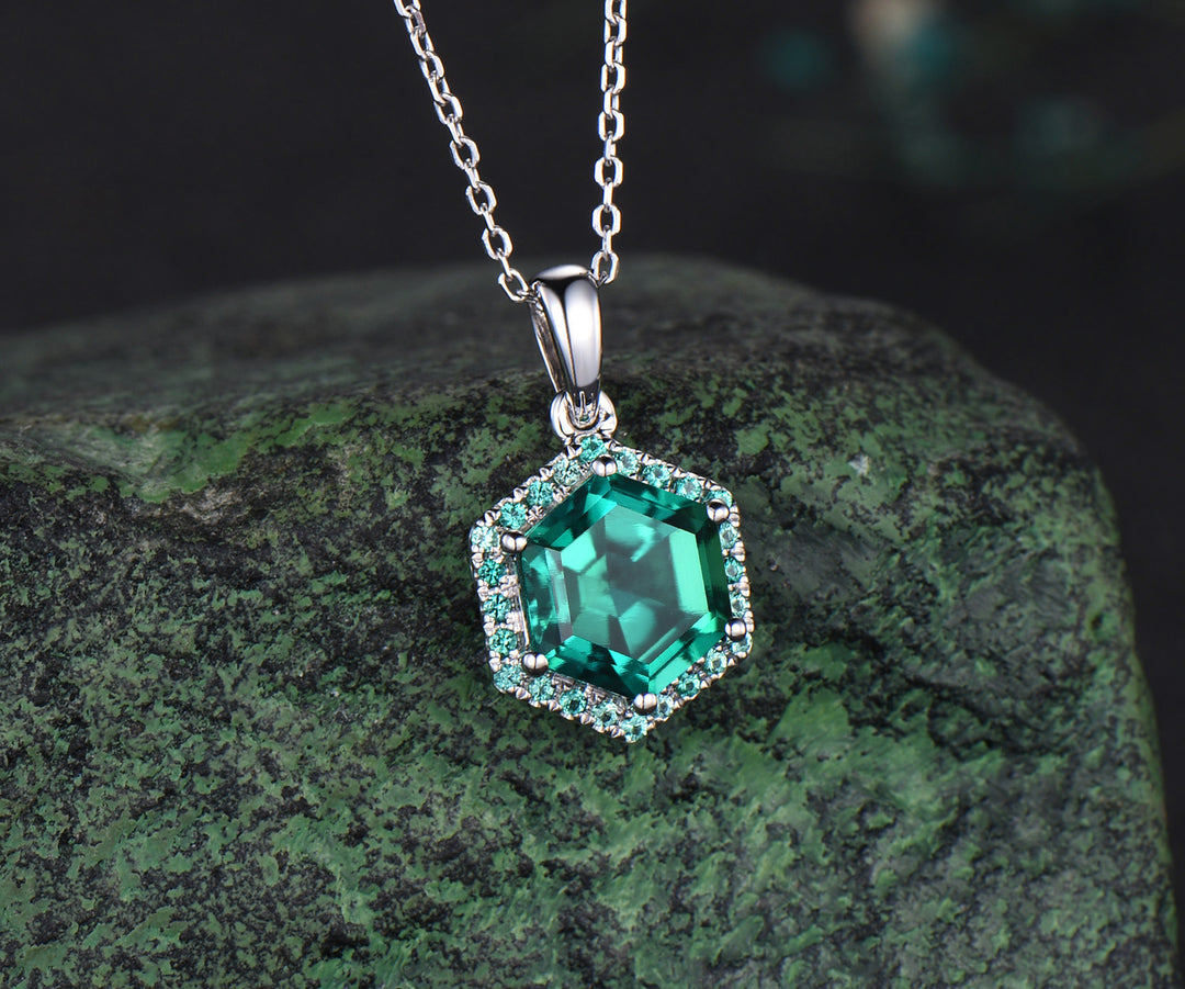 Hexagon cut emerald necklace 14k white gold halo unique pendant green gemstone dainty anniversary gift for women