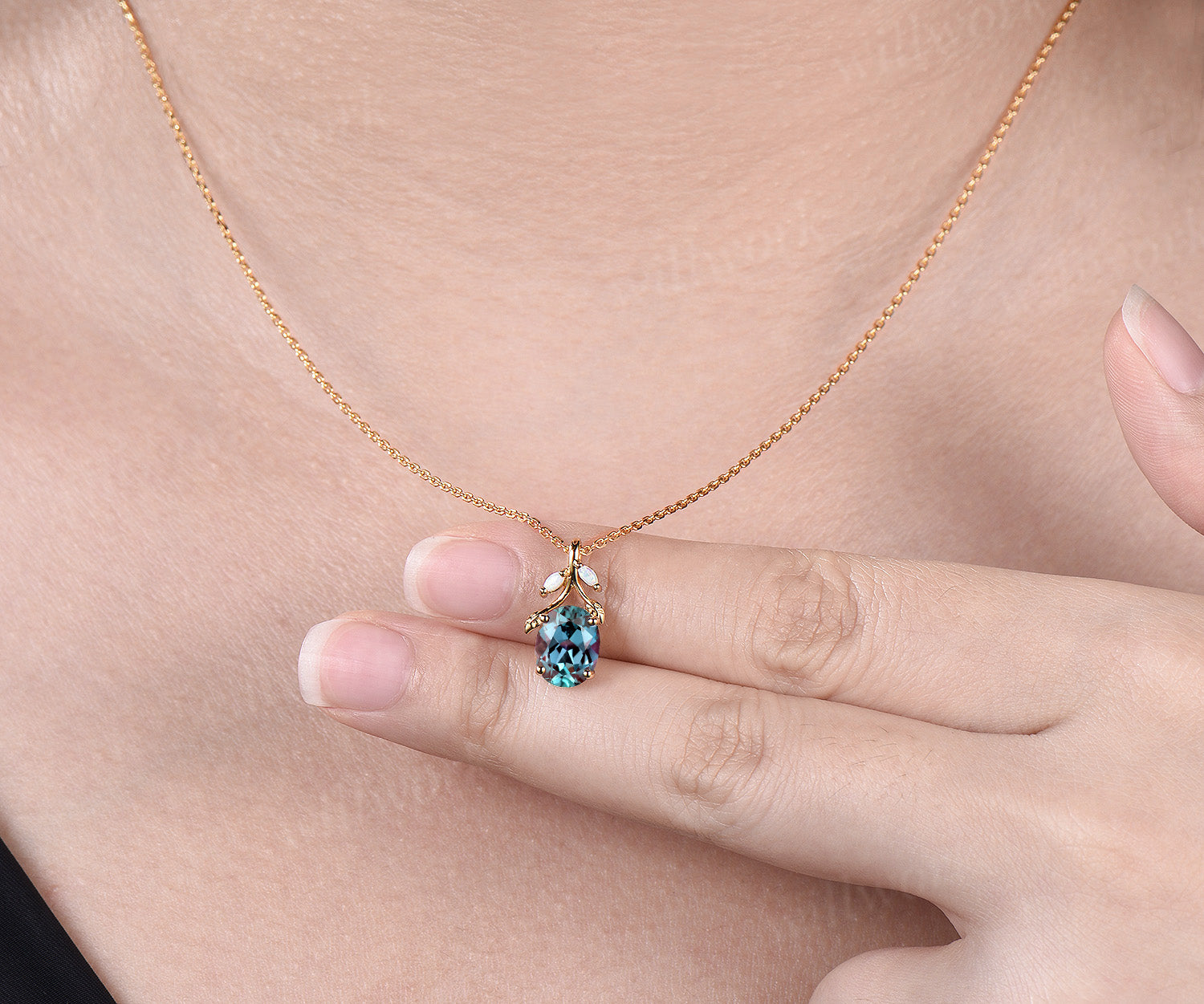 Oval cut alexandrite Necklace 14k yellow gold three stone opal