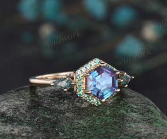 Hexagon Cut color changed Alexandrite Engagement Ring halo emerald ring kite moss agate wedding ring women gift For Her