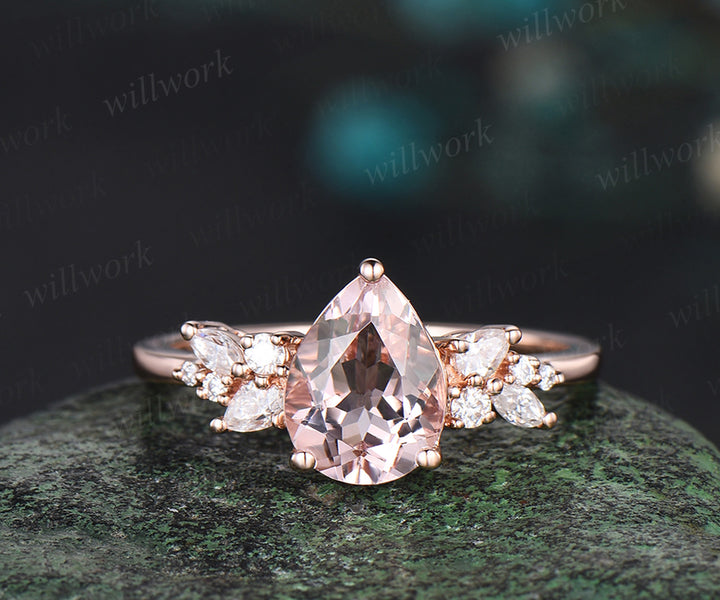 Pear shaped morganite engagement ring set cluster diamond ring solid 14k rose gold unique promise bridal ring set women jewelry