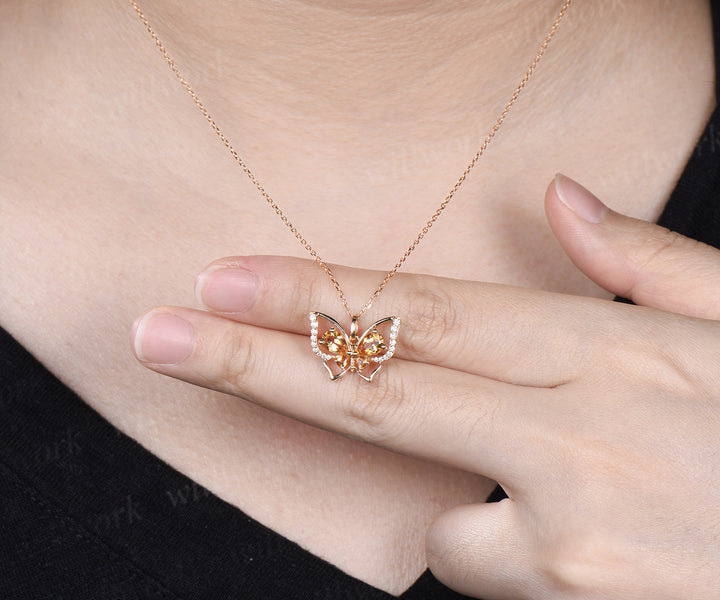 Vintage pear citrine butterfly necklace solid 14k yellow gold cystal pendant hollow up butterfly diamond pendant necklace gifts for her