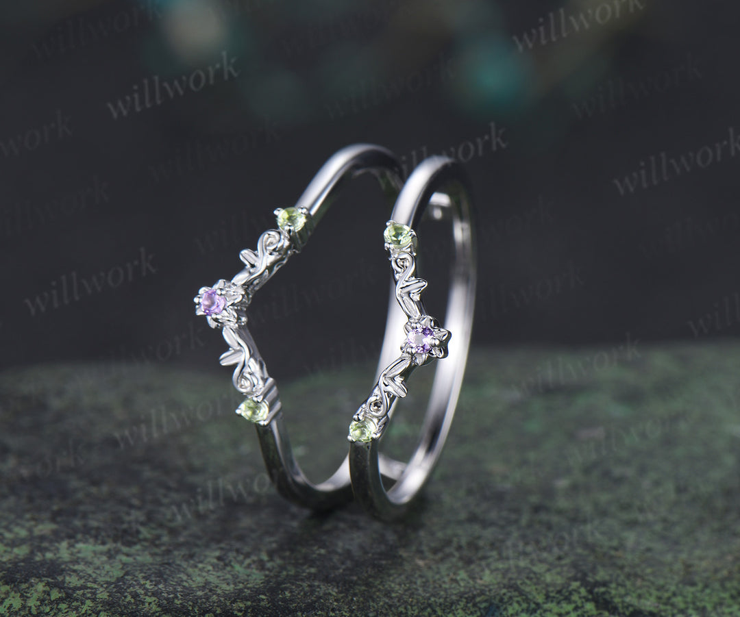 Dainty amethyst floral peridot wedding band white gold leaf enhancer ring stackable double layer wedding ring for women