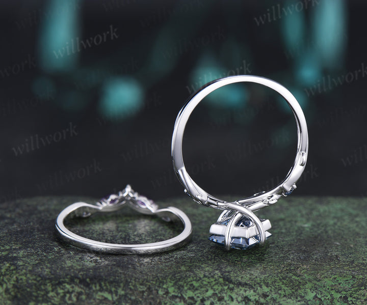 Princess Cut Blue Moissanite Ring Set Twig Branch Engagement Ring Amethyst Accents Twisted Wedding Band Unique Bridal Set