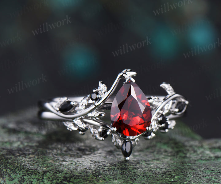 Pear shaped red garnet engagement ring set solid 14k white gold antique black spinel leaf ring set women branch bridal set