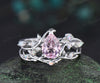 14K white Gold pink Morganite Opal Ring Set Unique Leaf Vine Wedding Ring Pear Bridal Proposal Ring for Fiancée Gemstone Ring