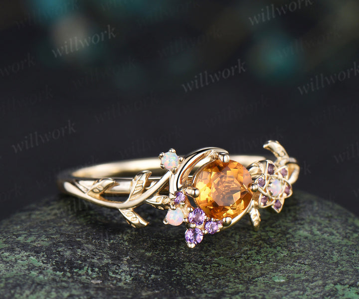 5mm Round Cut Natural Yellow Citrine Moon Engagement Ring 14K Yellow Gold Vine Leaf Genuine Crystal Amethyst Opal November Birthstone Gifts