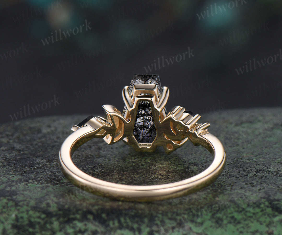 Kite Coffin black rutilated quartz engagement ring 14k yellow gold cluster moon moissanite wedding crystal ring anniversary gift