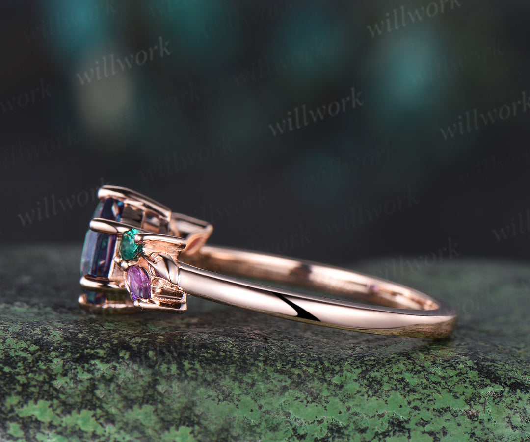 Unique Hexagon Cut Alexandrite Engagement Ring rose gold Leaf Nature Inspired Wedding Ring Art Deco Emerald Amethyst Cluster Five Stone Ring