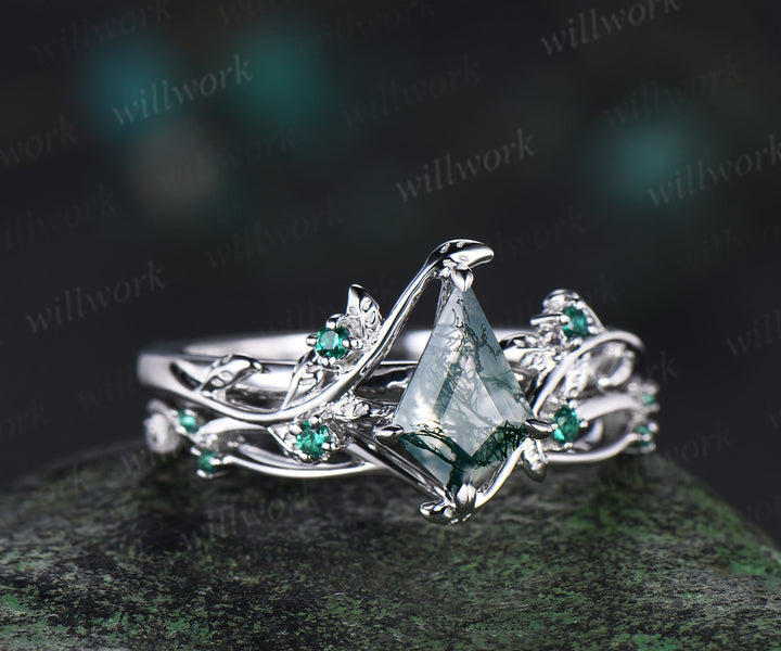 kite cut natural moss agate engagement ring set nature inspired 14k white gold twig leaf emerald wedding band bridal ring set women