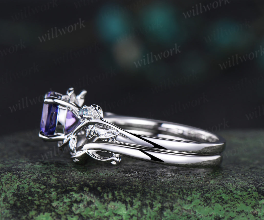 Round cut purple sapphire engagement ring white gold three stone alexandrite nature inspired leaf bridal set women