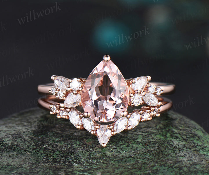 Pear shaped morganite engagement ring set cluster diamond ring solid 14k rose gold unique promise bridal ring set women jewelry