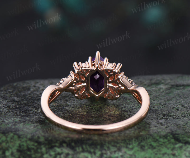 Long Hexagon cut amethyst engagement ring rose gold women cluster opal diamond unique promise ring her infinity anniversary gfit