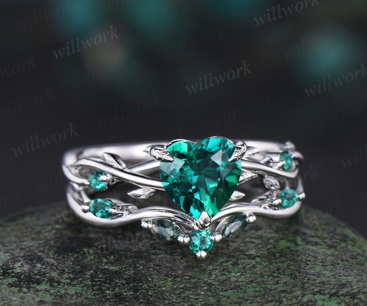 Vintage heart green emerald engagement ring set 14k white gold leaf branch moss agate ring women unique wedding anniversary gift