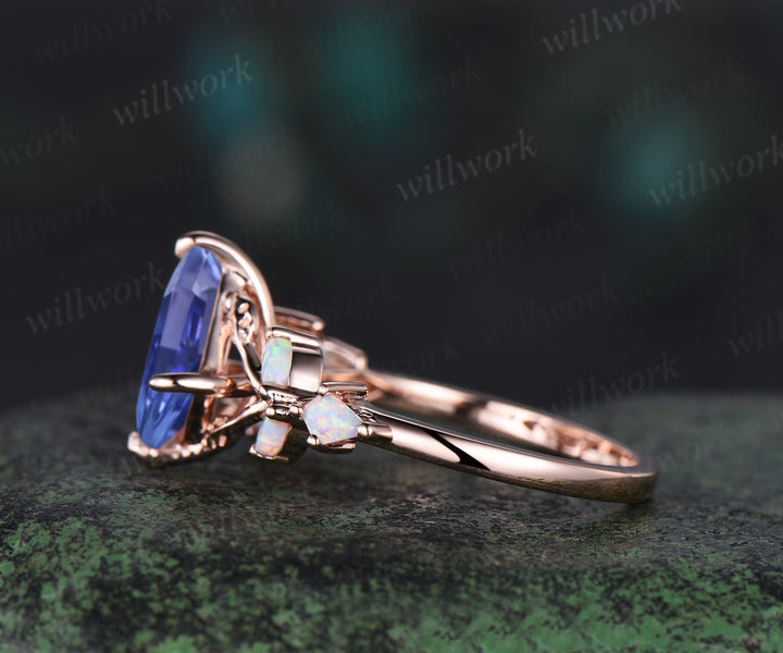 Kite cut natural Tanzanite engagement ring solid 14k 18k rose gold leaf nature inspired opal promise anniversary ring women