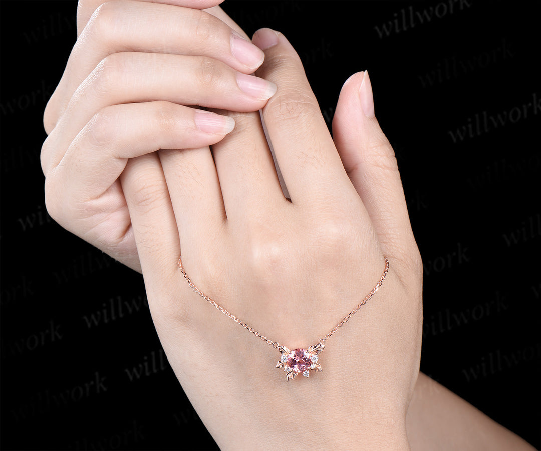 Round Padparadscha pink sapphire necklace 14k rose gold maple leaf diamond pendant women anniversary gift jewelry