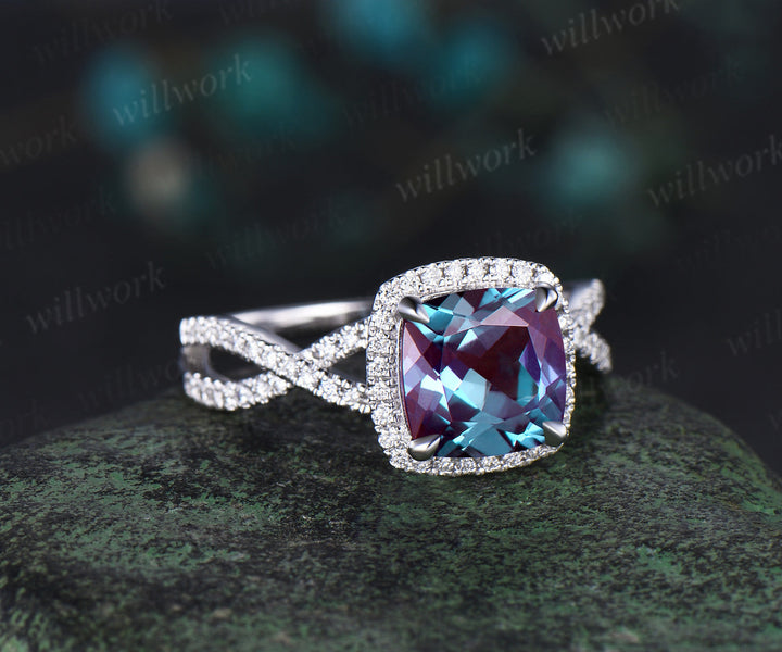 Cushion Alexandrite bridal ring vintage Alexandrite engagement ring rose gold women infinity halo diamond ring color change stone ring gift
