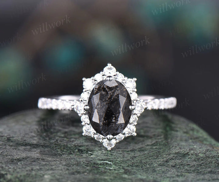 Oval cut salt and pepper diamond engagement ring diamond halo unique wedding ring set for women