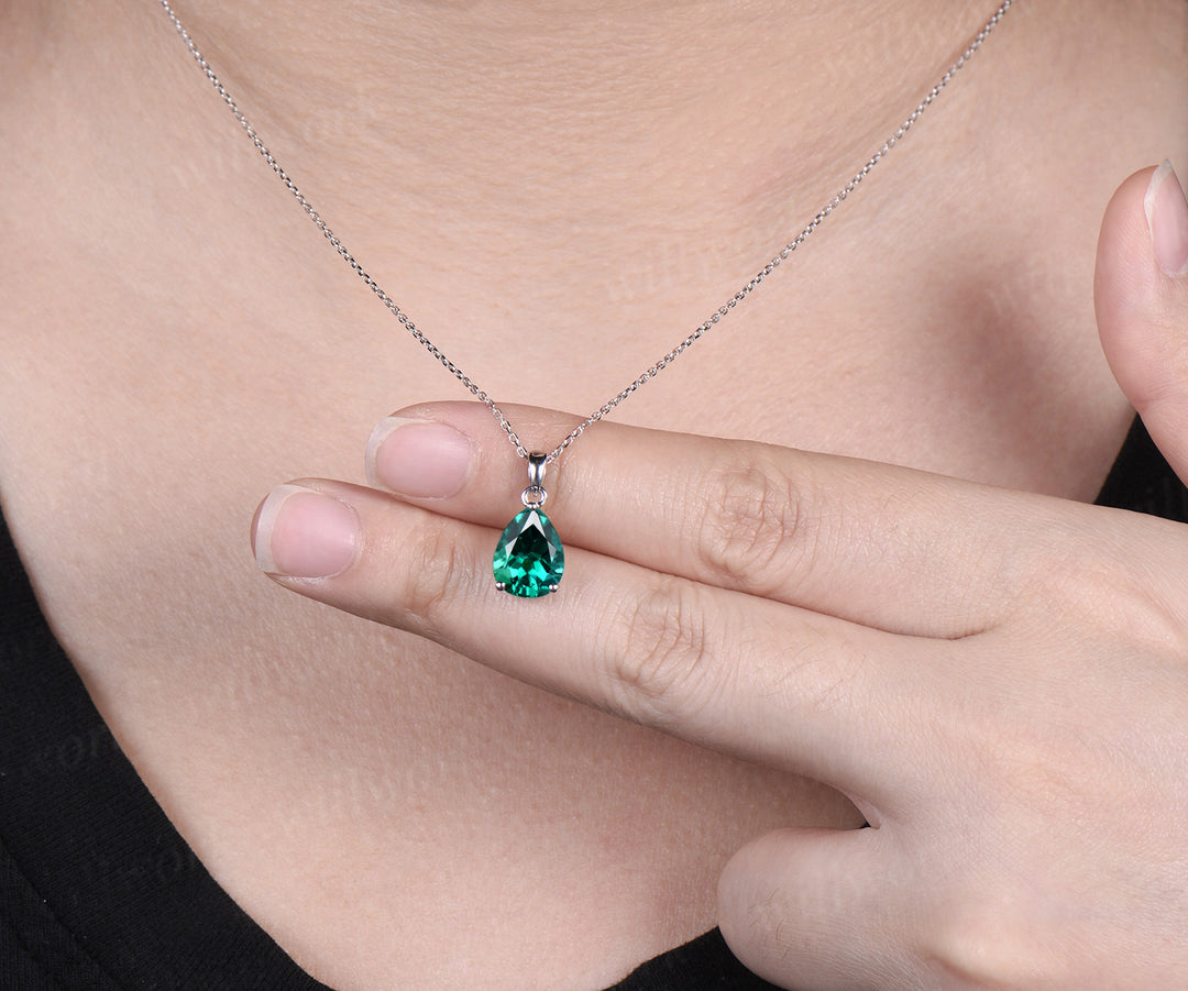 Pear cut green emerald necklace 14k white gold vintage unique Personalized Solitaire pendant women her anniversary bridal gift mother