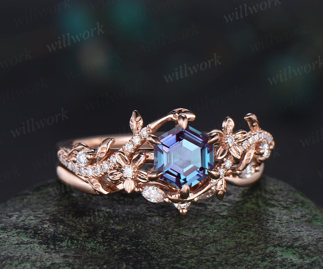 Hexagon cut alexandrite engagement ring set vintage floral diamond ring women 14k rose gold retro branch leaf bridal ring set