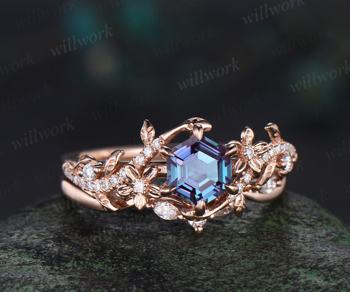 Hexagon cut alexandrite engagement ring set vintage floral diamond ring women 14k rose gold retro branch leaf bridal ring set