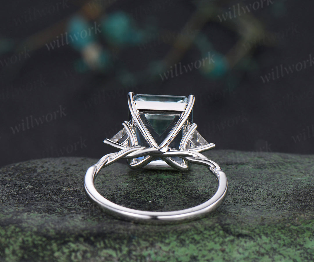 6ct Emerald cut natural aquamarine engagement ring solid 14k white gold three stone Trilliant cut moissanite promise ring jewelry