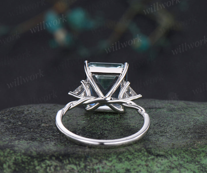 6ct Emerald cut natural aquamarine engagement ring solid 14k white gold three stone Trilliant cut moissanite promise ring jewelry