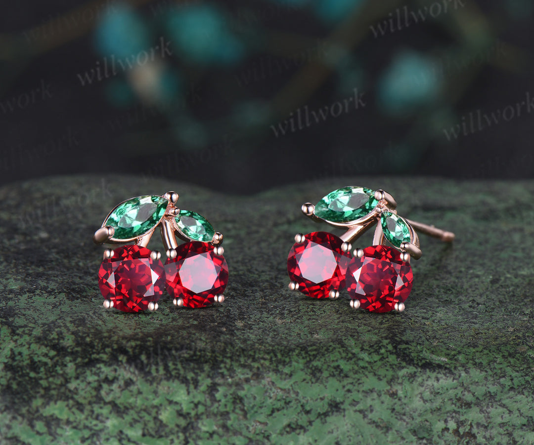 Round Ruby Earrings 14k Rose gold Marquise Emerald Earrings Jewelry Xmas Gift for Her