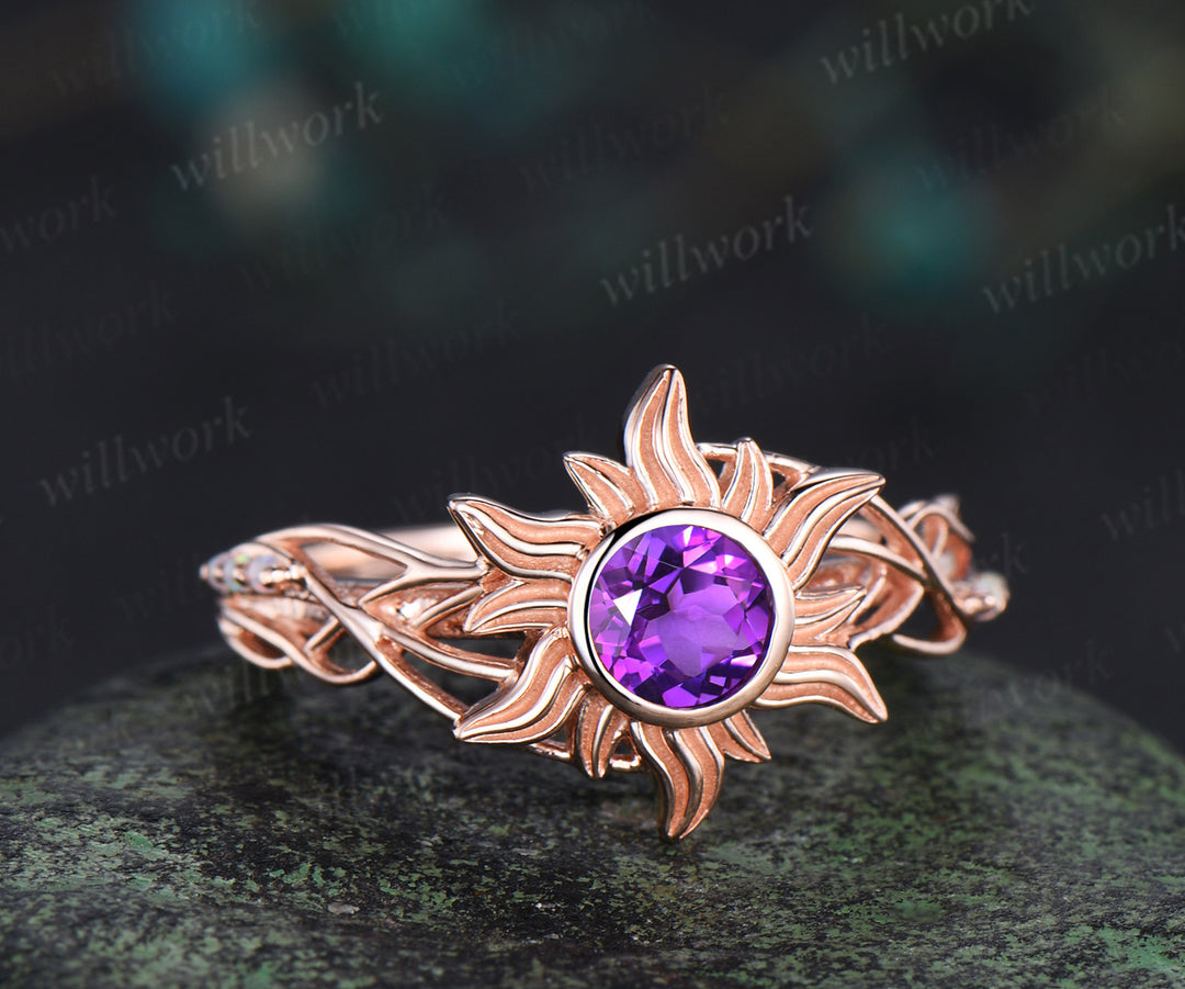 Sun inspired amethyst ring round cut amethyst corona sun filigree opal ring soild rose gold wedding ring gifts for her
