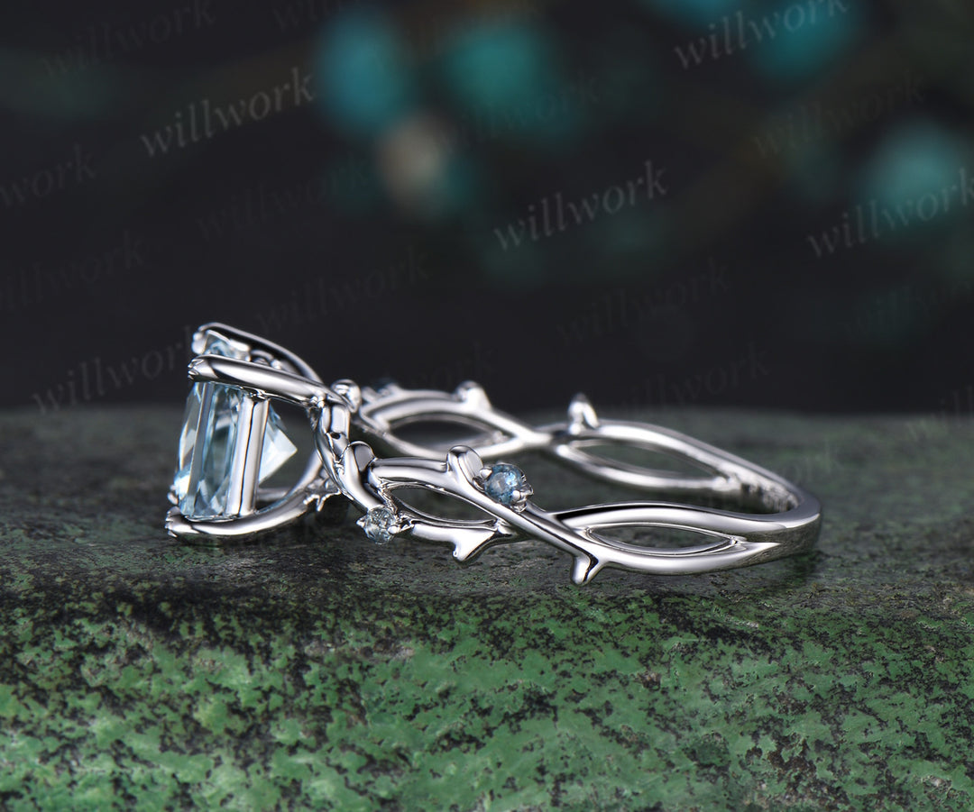 Princess cut aquamarine engagement ring vintage vine branch twig London blue topaz ring women leaf prong infinity promise ring women her