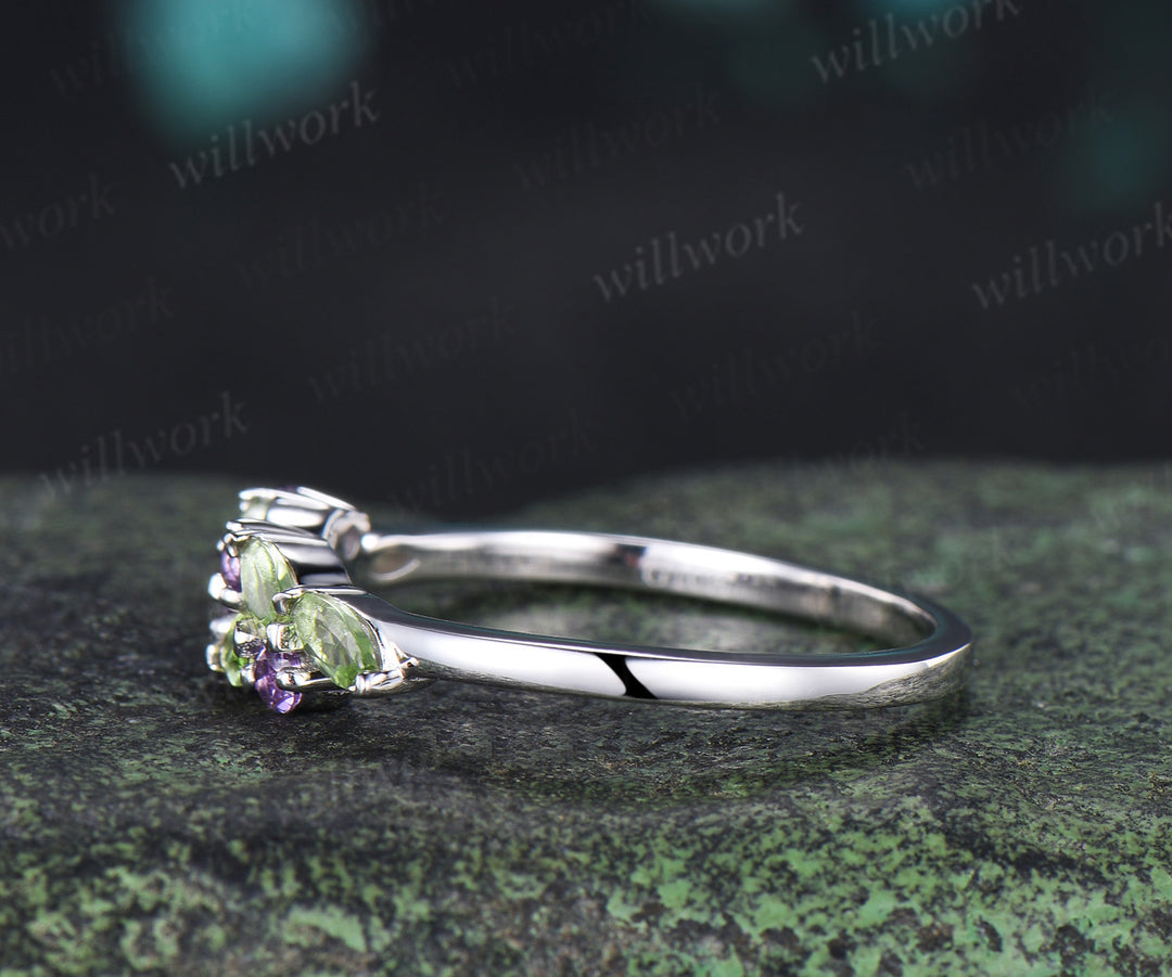 Marquise peridot amethyst wedding band vintage cluster stacking ring August February birthstone ring
