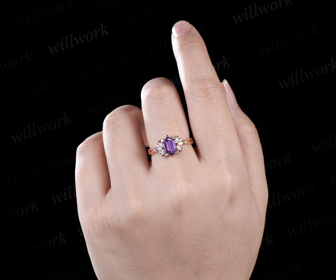 Long Hexagon cut amethyst engagement ring rose gold women cluster opal diamond unique promise ring her infinity anniversary gfit