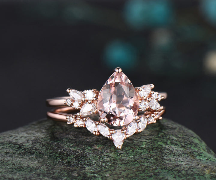 Pear shaped morganite engagement ring set cluster diamond ring solid 14k rose gold unique promise bridal ring set women jewelry