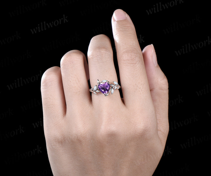 Heart cut amethyst opal leaf engagement ring women 14k white gold nature inspired promise wedding gift