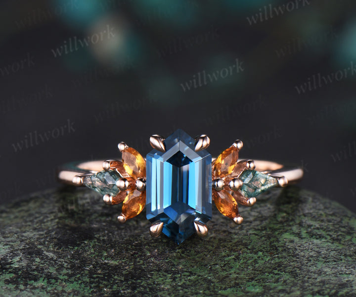 Long hexagon cut London blue topaz engagement ring rose gold cluster citrine ring women kite moss agate anniversary gift