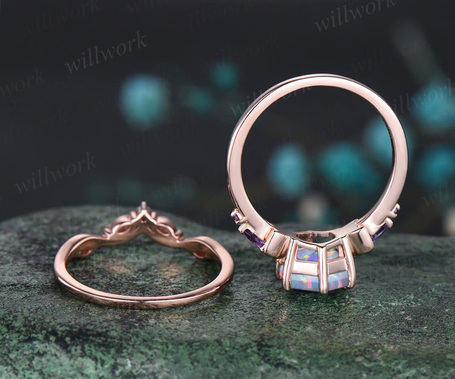 October birthstone Hexagon Opal Engagement Ring Set 14k Rose