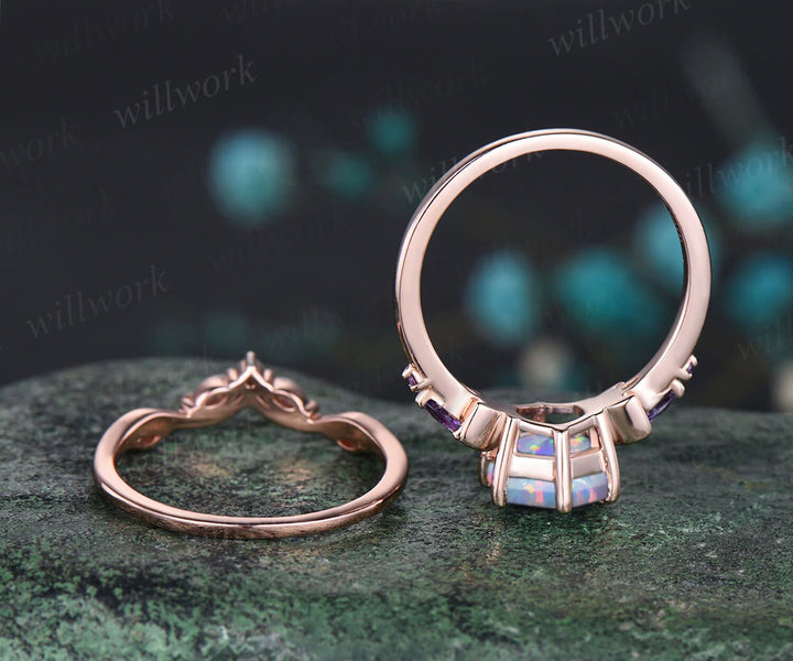 October birthstone Hexagon Opal Engagement Ring Set 14k Rose Gold Amethyst Moissanite Moon Wedding Ring Five Stone 2pcs Bridal Ring Set