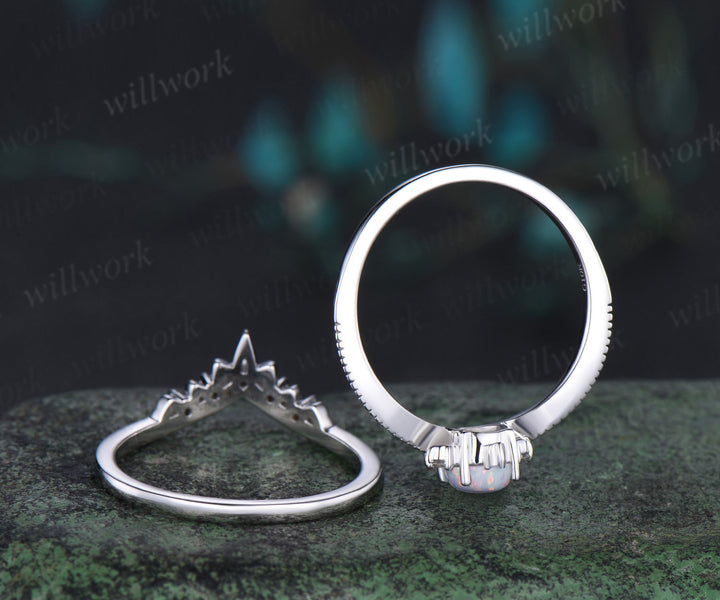 Pear shaped opal engagement ring set white gold Lace cluster diamond bridal wedding ring set women