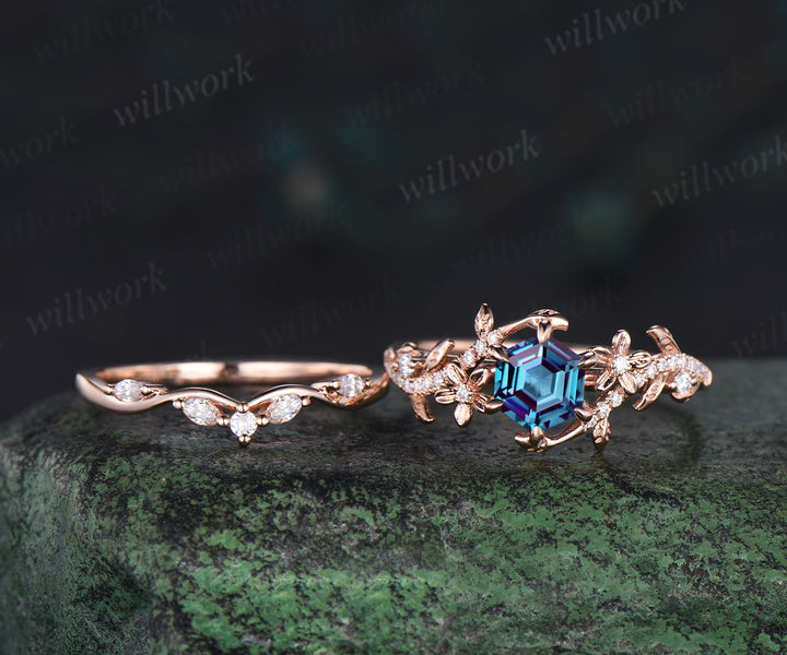 Hexagon cut alexandrite engagement ring set vintage floral diamond ring women 14k rose gold retro branch leaf bridal ring set