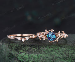 Hexagon cut alexandrite engagement ring set vintage floral diamond ring women 14k rose gold retro branch leaf bridal ring set