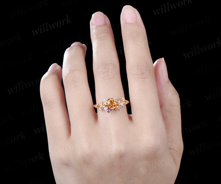 5mm Round Cut Natural Yellow Citrine Moon Engagement Ring 14K Yellow Gold Vine Leaf Genuine Crystal Amethyst Opal November Birthstone Gifts