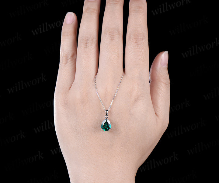 Pear cut green emerald necklace 14k white gold vintage unique Personalized Solitaire pendant women her anniversary bridal gift mother