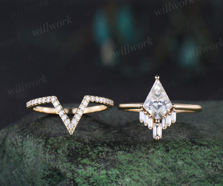 Kite Cut moissanite Engagement Ring set unique promise ring her 14k yellow gold Baguette cut V shaped bridal set women