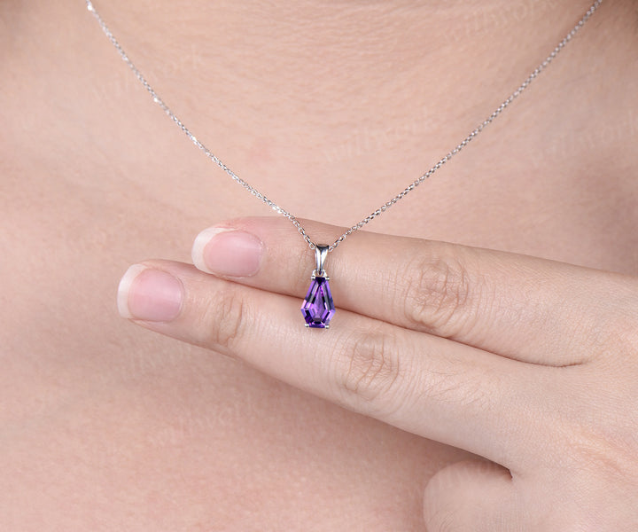 Coffin natural Amethyst necklace solid 14k 18k white gold vintage unique Personalized pendant women her anniversary bridal gift mother