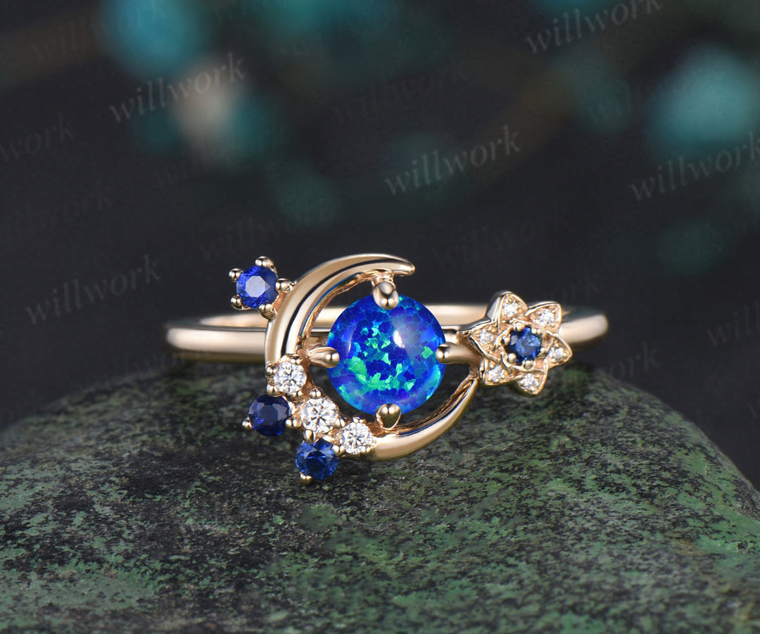 Round blue opal ring gold cluster moon Celtic knot engagement ring set sapphire opal wedding bridal set women