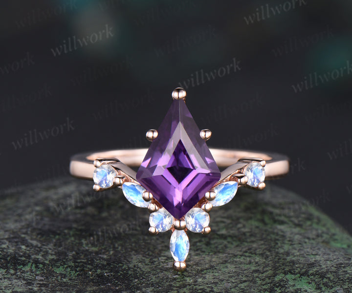 Kite cut purple amethyst engagement ring rose gold 6 prong unique moonstone anniversary promise wedding ring women