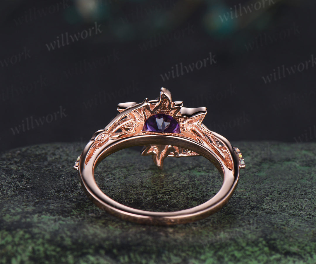 Sun inspired amethyst ring round cut amethyst corona sun filigree opal ring soild rose gold wedding ring gifts for her
