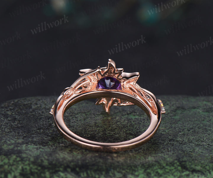 Sun inspired amethyst ring round cut amethyst corona sun filigree opal ring soild rose gold wedding ring gifts for her