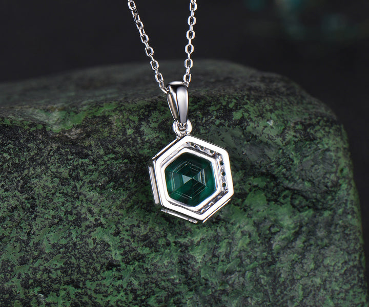 Hexagon cut emerald necklace 14k white gold halo unique pendant green gemstone dainty anniversary gift for women